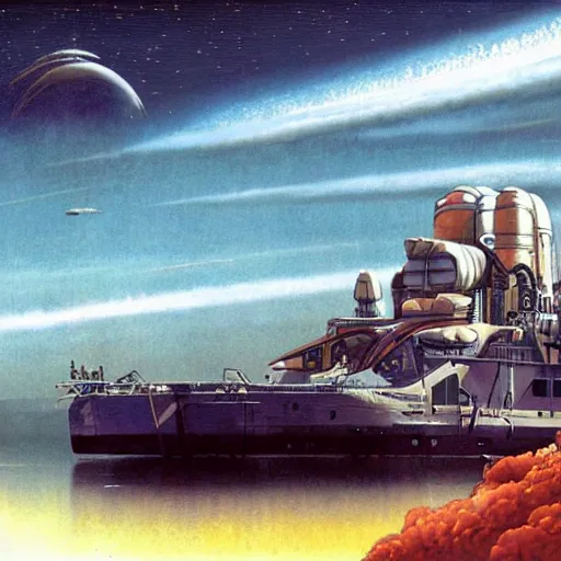 Prompt: scout spaceship with 100-ton hull used for exploration survey and courier duties, peter elson, chris foss, john berkey, tony roberts, jim burns, don davis, deco!!!!!!