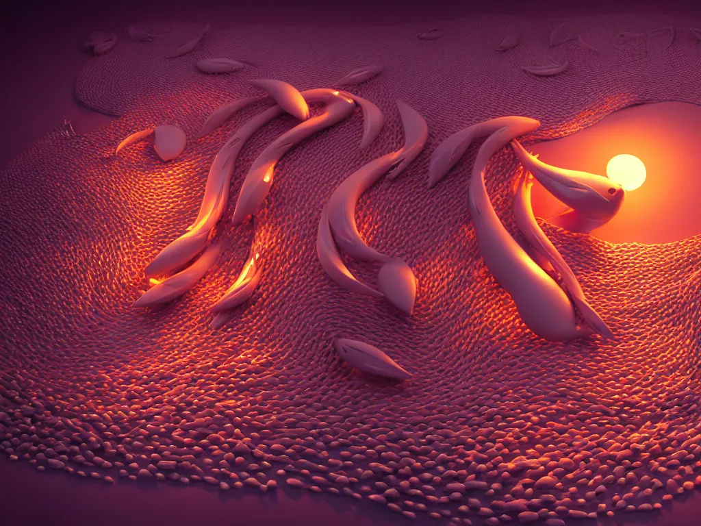 Image similar to a sculpture of fish ocean intertwined, diode lighting, a lovely cornucopia of flowers and human body parts, body parts, highly detailed, octane render, cinematic, sharp focus, clean, studio lighting, sunset, abstracto