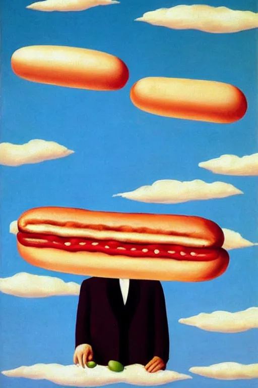 Prompt: Rene Magritte's Son Of Man painting with a floating pink hotdog blocking the face, the hotdog has a stem and leaves and is growing more unripe hotdogs on the hotdog vine
