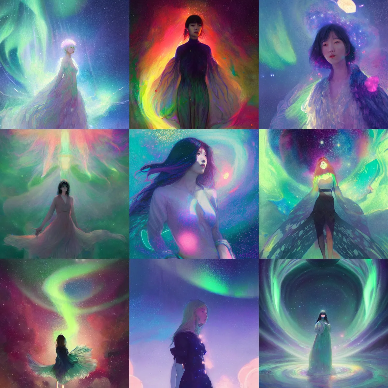 Prompt: holographuc lee jin - eun materializing from multiversal aurora borealis by greg rutkowski, claude monet, conrad roset, takato yomamoto, katsuhiro otomo, rule of thirds, seductive look, beautiful