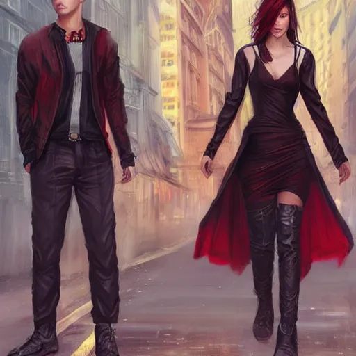 Image similar to adult pair of twins, male and female, arrogant, urban fantasy, half portrait, urban background, highly detailed, digital painting, artstation, concept art, sharp focus, smooth, art by livia prima and magali villeneuve, elegant red black and gold clothing