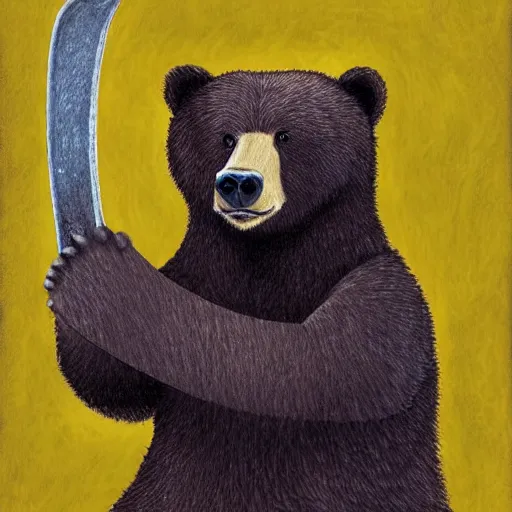 Image similar to a bear holding a viking axe,by cameroon hammond