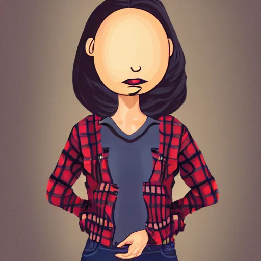 Prompt: woman with a egg head wearing a flannel jacket and jeans, character design, digital art, stylised, 4 k