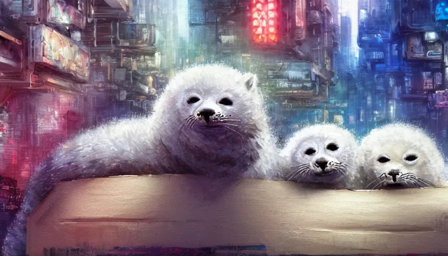 Prompt: highly detailed painting of furry white baby seals cuddled up in a cardboard box in a dystopian cyberpunk street by william turner, thick brush strokes and visible paint layers, 4 k resolution, retrowave colour scheme