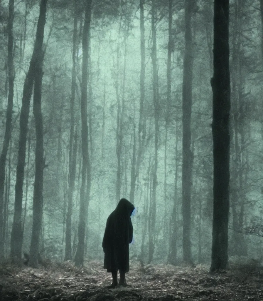 Image similar to high quality high definition colorized movie still from Haxan: a lonely ghost walking alone at night in the woods, high quality silent movie, iridescent color palette