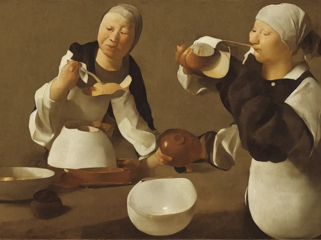 Image similar to Woman eating soup on the ground. Still life with white water jug. Painting by Zurbaran.