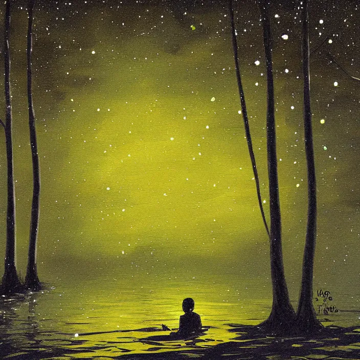 Image similar to lake trees night fireflies glowing above water digital painting concept art