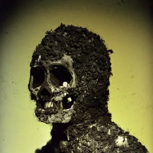 Image similar to exploded man covered in soot, bulging eyes, skull, photo from the 70s