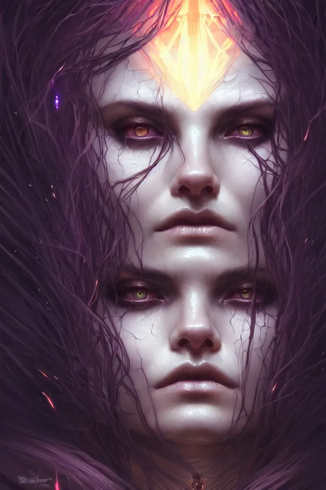 Image similar to Necromancer Sorceress face close-up macro in center, fantasy magic, undercut hairstyle, dark light night, intricate, elegant, sharp focus, illustration, highly detailed, digital painting, concept art, matte, art by WLOP and Artgerm and Greg Rutkowski and Alphonse Mucha, masterpiece