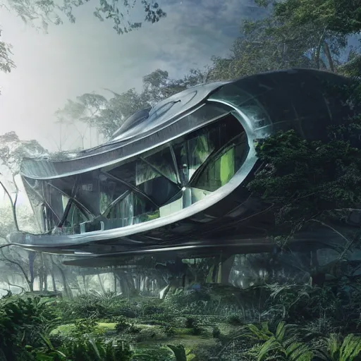 Prompt: an exterior of a large futuristic steampunk science building in the middle of a very thick rainforest, by dylan cole and federico pelat, cinematic dappled lighting, ultra wide angle, hyper detailed