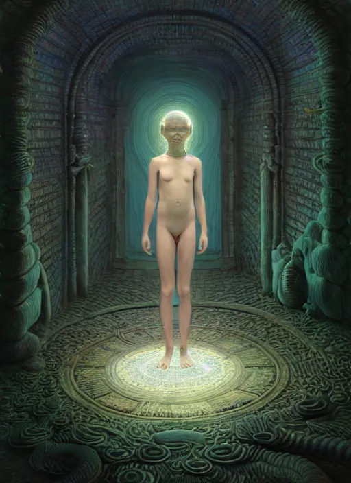 Image similar to hyperreal ultra detailed hypnagogic recollections from the waters of the unconscious. a 3 d psychopomp watching on. an ancient child. prismatic crystal light projections, a doorway threshold, a snake, sharp focus, global illumination, ornate, art by shaun tan, fenghua zhong and daniel merriam and dan mumford octane render