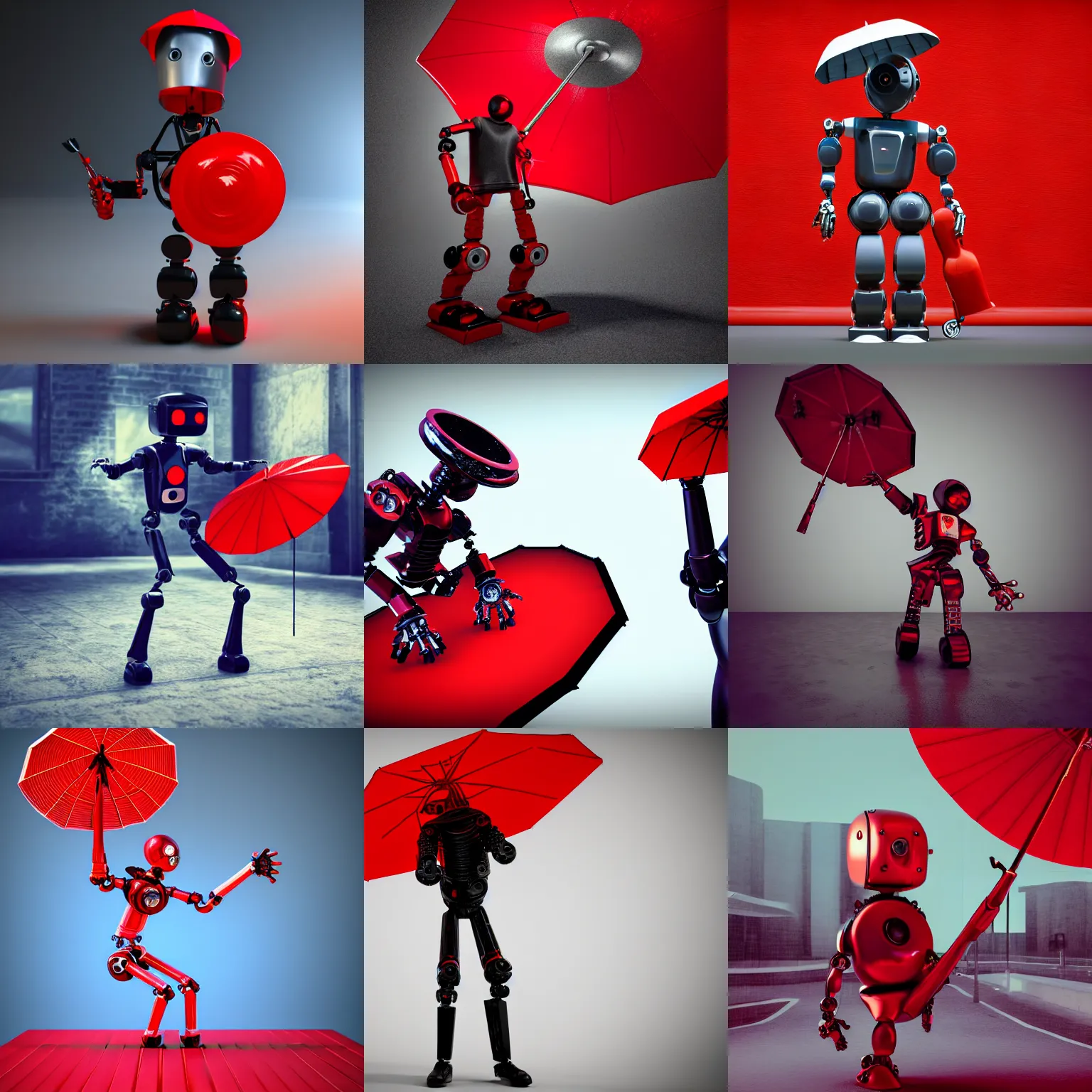 Prompt: a portrait of a robot musician from a punk rock band with a huge red umbrella on guitar, full body, 3 d render, cinematic, realistic