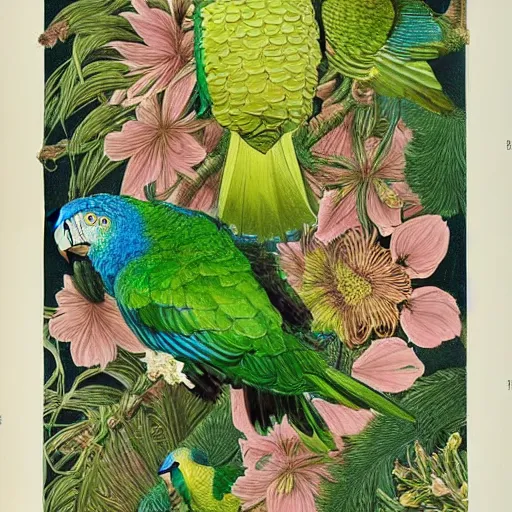 Image similar to beautiful elegant ernst haeckel!!!! illustration of many greek cheek conures!!!!!! and flowers, ( greek cheek conure ) ( green cheeked parakeet ) ( pyrrhura molinae )