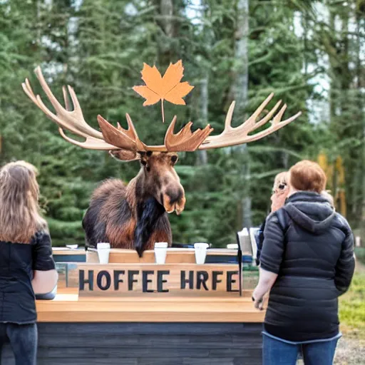 Prompt: a moose with maple leaf antlers selling coffee at a stand, realistic, 8 k