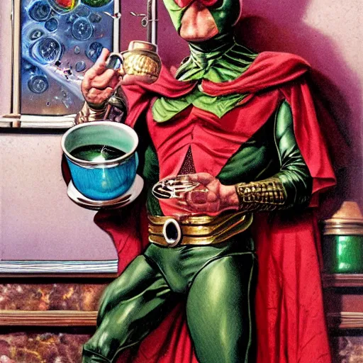 Image similar to Mysterio drinking tea, artwork by Earl Norem,