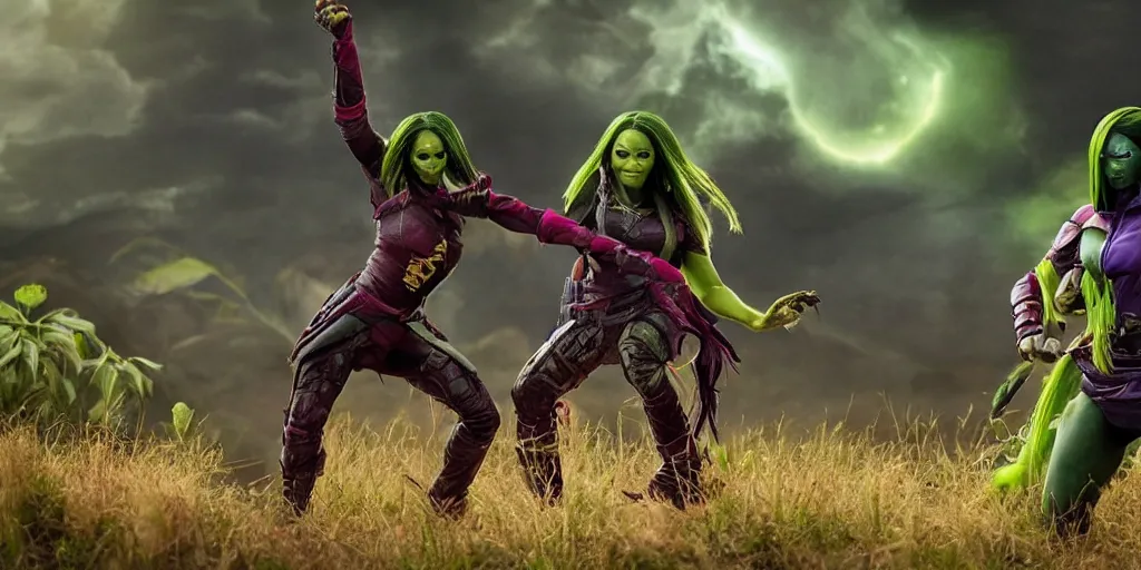 Image similar to beautiful photograph of Gamora taking mate with Scorpion from Mortal Kombat in the field with an ombú in the background. Medium shot.