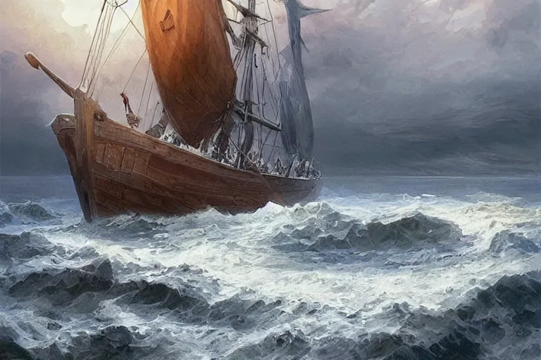 Prompt: single viking longship, sea, ocean, cold, winter, highly detailed, digital painting, artstation, concept art, sharp focus, illustration, art by artgerm and greg rutkowski and alphonse mucha