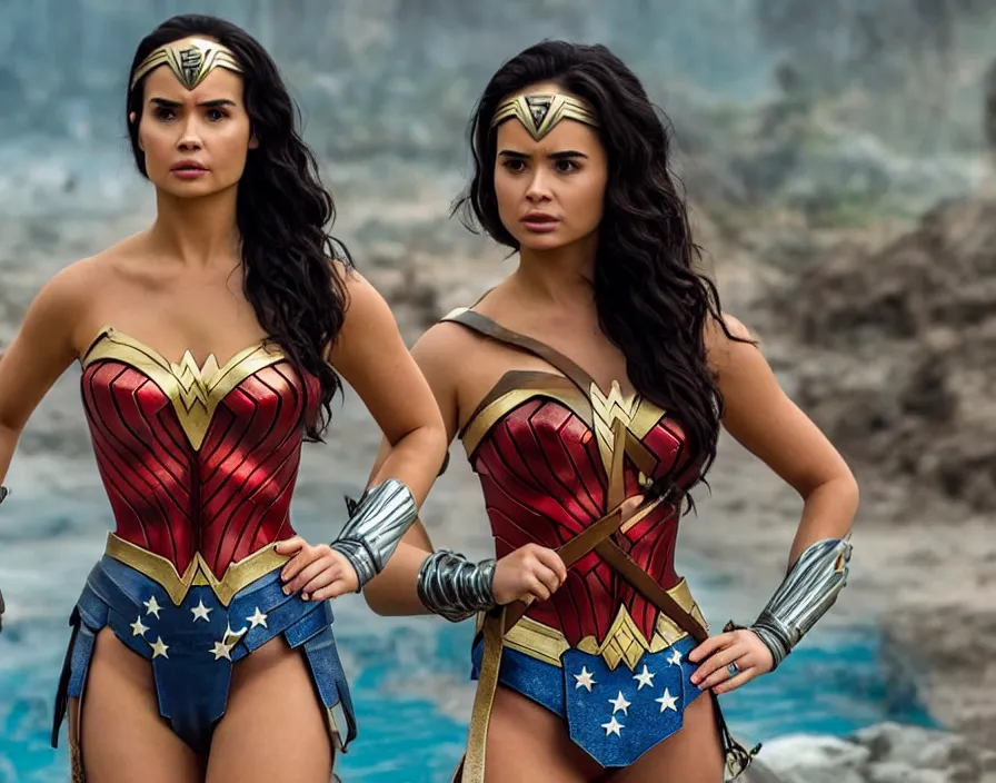 Prompt: movie still of demi rose wearing tube top from the movie wonder woman, directed by scott snyder, 4 k hd, oscar winning, high detail