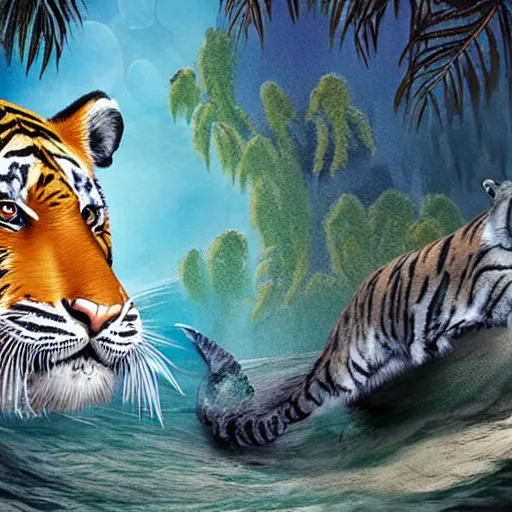 Prompt: a fuzzy dolphin with tiger stripes, matte fantasy painting,