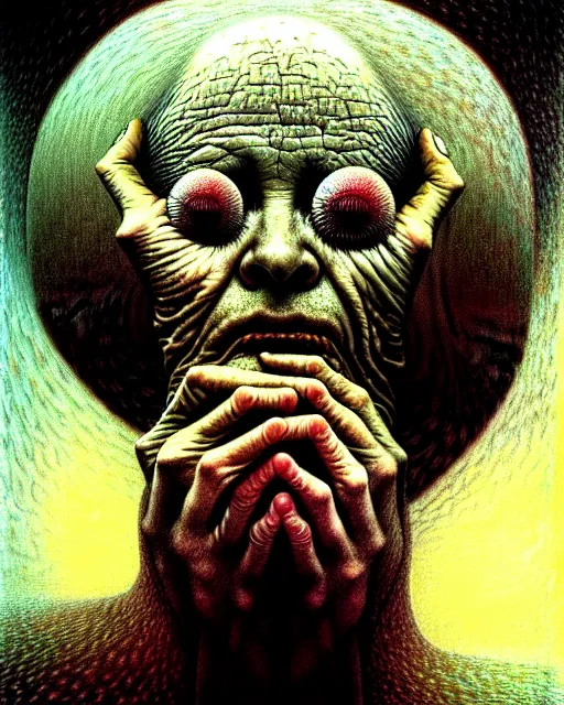 Image similar to close up portrait of sandman's dream with no eyes and wrinkly hands for face drawn by beksinski, high definition, lovecraftian