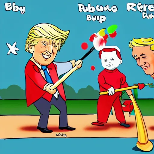 Image similar to baby Biden, baby Trump, baby Putin, baby Xi, riding a hobby horse shooting each other with water pistols, cartoon,