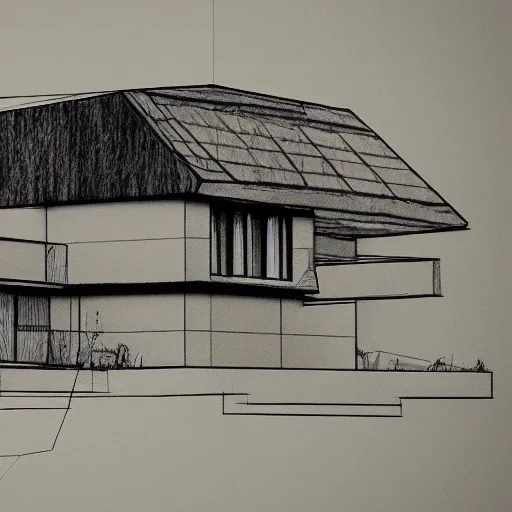 Prompt: architectural sketch of a cottage by the lake, modernist design, trending on artstation, award winning design