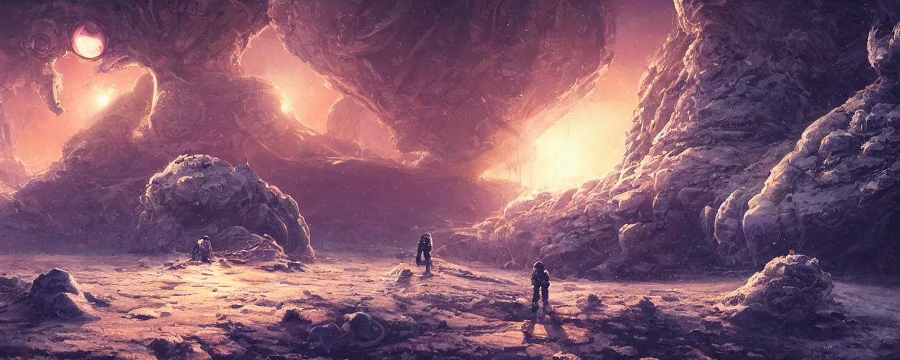 Image similar to lone astronaut exploring outer cybernetic planet covered with ice, art by paul lehr, cinematic, detailed, epic, widescreen, opening, establishing, matte painting, photorealistic, realistic textures, octane render