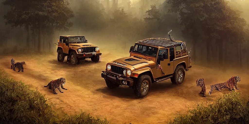Image similar to Mahindra thar, headlights turned on, tigers and lions attacking, chasing action scene, an epic fantasy, dramatic lighting, cinematic, establishing shot, extremely high detail, photorealistic, cinematic lighting, matte painting, artstation, by simon stalenhag, horizon forbideen west
