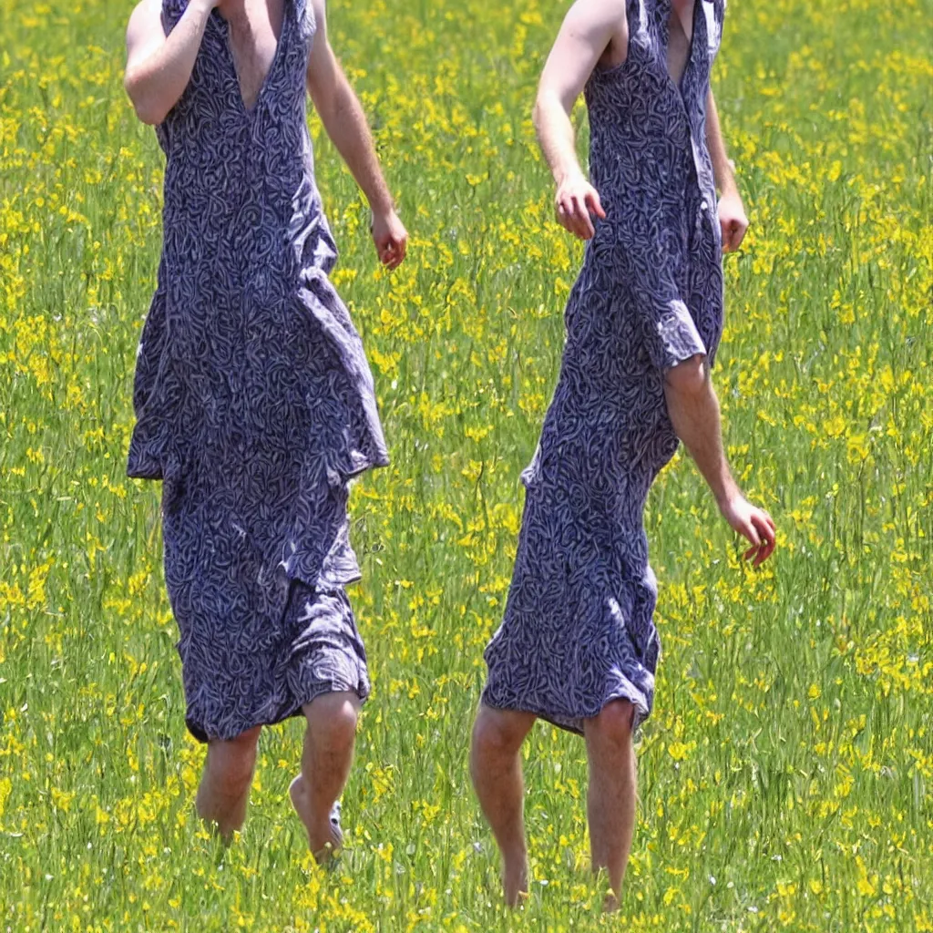 Prompt: robert pattinson in a sundress frolicking through a field