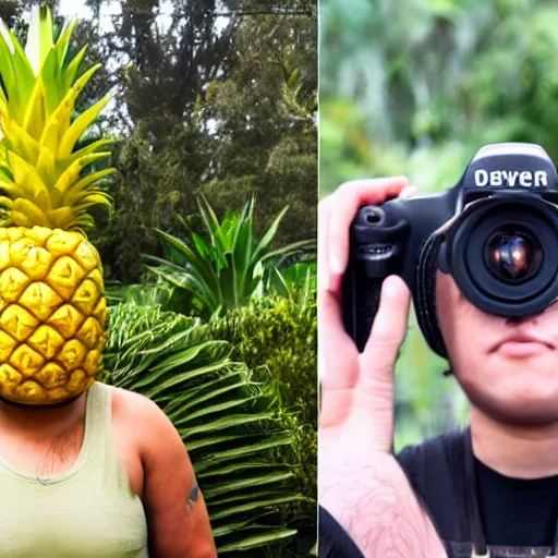 Image similar to DSLR photo of an mkultra pineapple next to a miniscule person by comparison