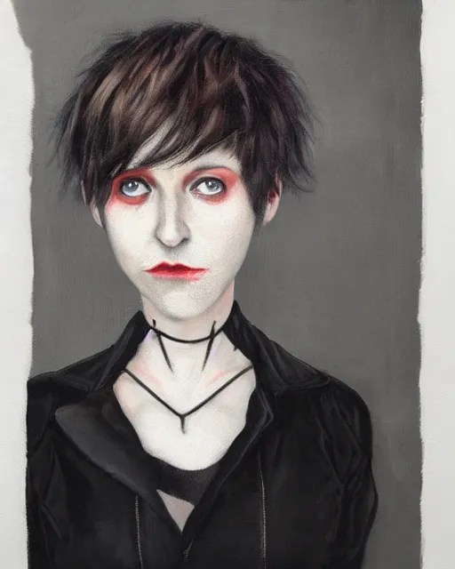 Prompt: A goth portrait painted by Dan Witz. Her hair is dark brown and cut into a short, messy pixie cut. She has a slightly rounded face, with a pointed chin, large entirely-black eyes, and a small nose. She is wearing a black tank top, a black leather jacket, a black knee-length skirt, a black choker, and black leather boots.