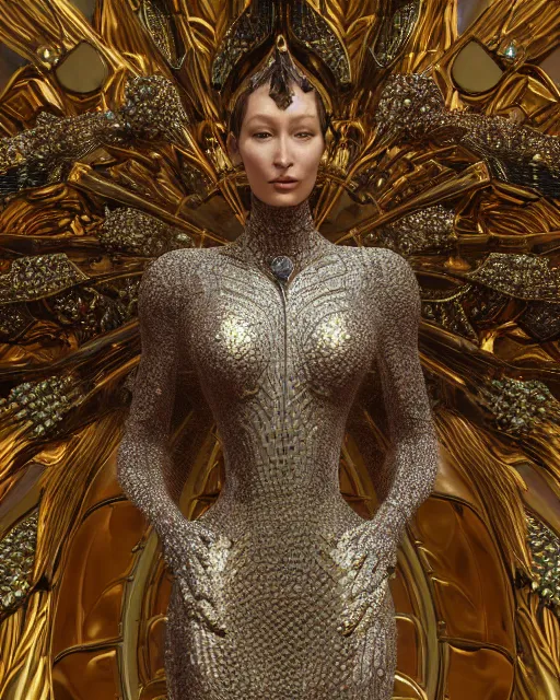 Image similar to a highly detailed metahuman 4 k close up render of an alien goddess bella hadid monument guardian angel in iris van herpen dress schiaparelli in diamonds crystals swarovski and jewelry iridescent in style of alphonse mucha gustav klimt trending on artstation made in unreal engine 4