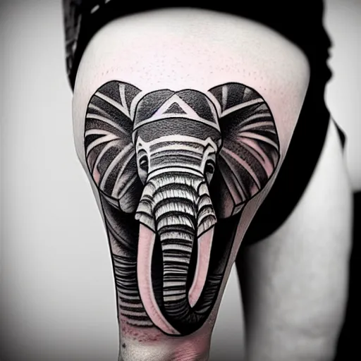 Image similar to small realistic fine line art tattoo of a stylized elephant with abstract geometric patterns, fine line tattoo, highly detailed, hd, concept