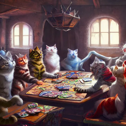 Image similar to party of cats playing dungeons and dragons, oil on canvas, surrealism, highly detailed, masterpiece, award - winning, artstationhd