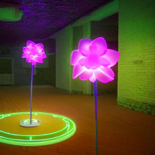 Image similar to glowing flower blooming at twilight, glow, wide-angle lens,, glowing neon, unreal engine, cinema 4d, cryengine