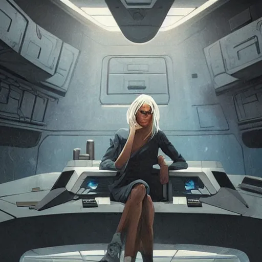 Image similar to concept art by greg rutkowski, a very tall, and slender blonde woman, wearing blue utilitarian jumpsuit, sitting in the spaceship command bridge, brutalist futuristic interior, dark lighting atmosphere, detailed portraits, nostalgic atmosphere, scifi, digital painting, artstation, concept art, smooth, sharp foccus ilustration, artstation hq