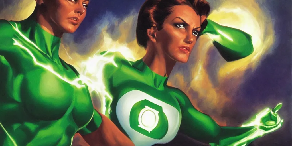 Prompt: Female portrait of Green Lantern in the morning sun, Alex Ross, oil painting