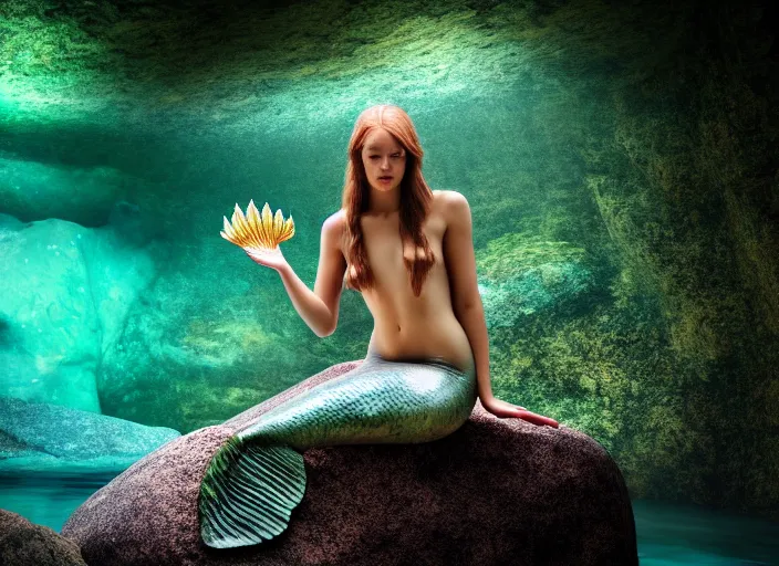 Image similar to mermaid sitting on a rock in an underground river. fantasy magic style. highly detailed 8 k. intricate. lifelike. soft light. sony a 7 r iv 5 5 mm. cinematic post - processing