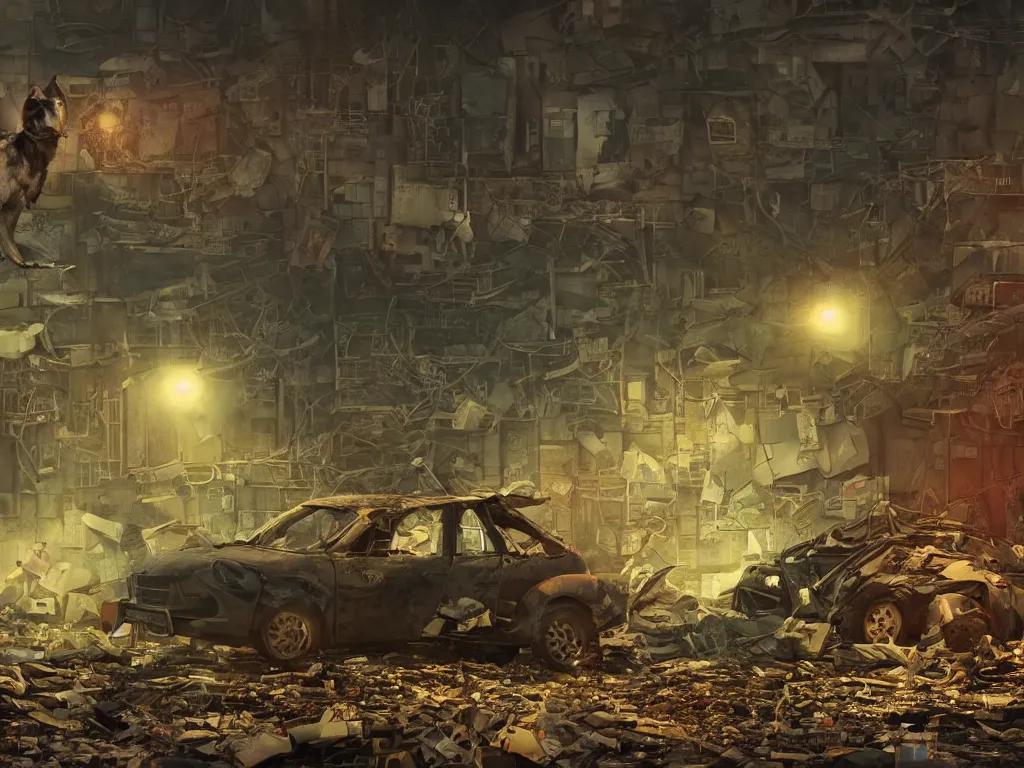 Image similar to dog on stealth mission through scrapyard at the edge of gigantic mini facitility, night time, cinematic lighting, octane render, ralph steadman, low poly