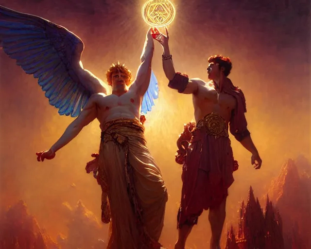 Image similar to attractive male deity, casting demonic magic, summoning handsome lucifer morning star. highly detailed painting by gaston bussiere, craig mullins, j. c. leyendecker 8 k