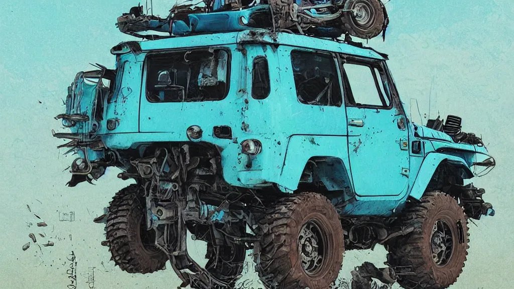 Prompt: digital illustration of a futuristic faded cyan mad max's fj 4 0 decrepit!!!! pursuit special, rusty!!! cyberpunk nissan fj cruiser heavily modded 1 9 9 0 s, the last v 8 interceptor by makoto shinkai, ilya kuvshinov, lois van baarle, rossdraws, basquiat