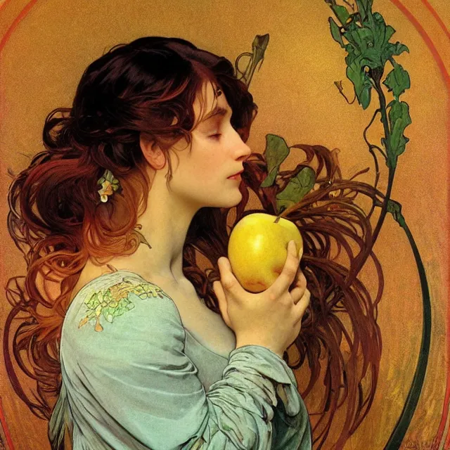 Image similar to an aesthetic! detailed close - up portrait of an aesthetic woman crying mournfully while holding an apple, by frank frazetta and alphonse mucha, oil on canvas, bright colors, art nouveau, epic composition, dungeons and dragons fantasy art, hd, god - rays, ray - tracing, crisp contour - lines, huhd - 8 k