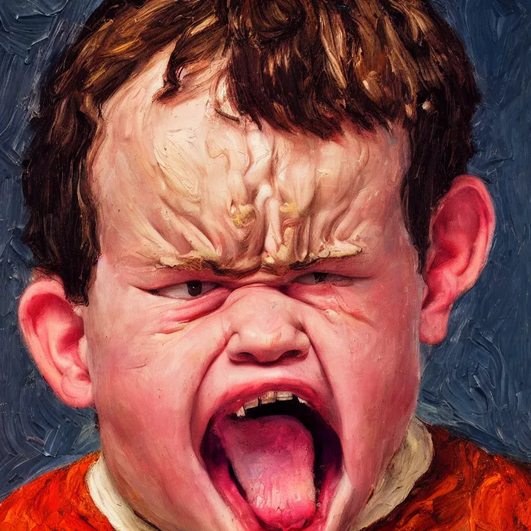 Prompt: warmly lit close up studio portrait of young angry!! screaming! teenage George Costanza furious!, impasto oil painting thick brushstrokes by Lucian Freud and Cy Twombly and Tim Hawkinson , trending on artstation dramatic lighting Expressionism