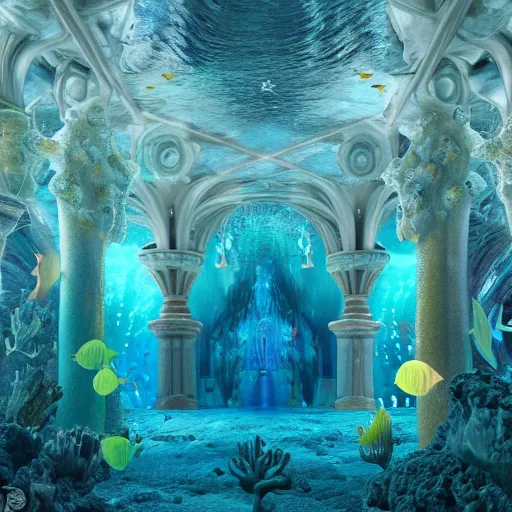 Image similar to a photograph of an underwater cathedral at the bottom of the ocean surrounded by mermaids, by david lachapelle, photorealistic, octane render, unreal engine, 4 k, smooth lighting, subaquatic photography,