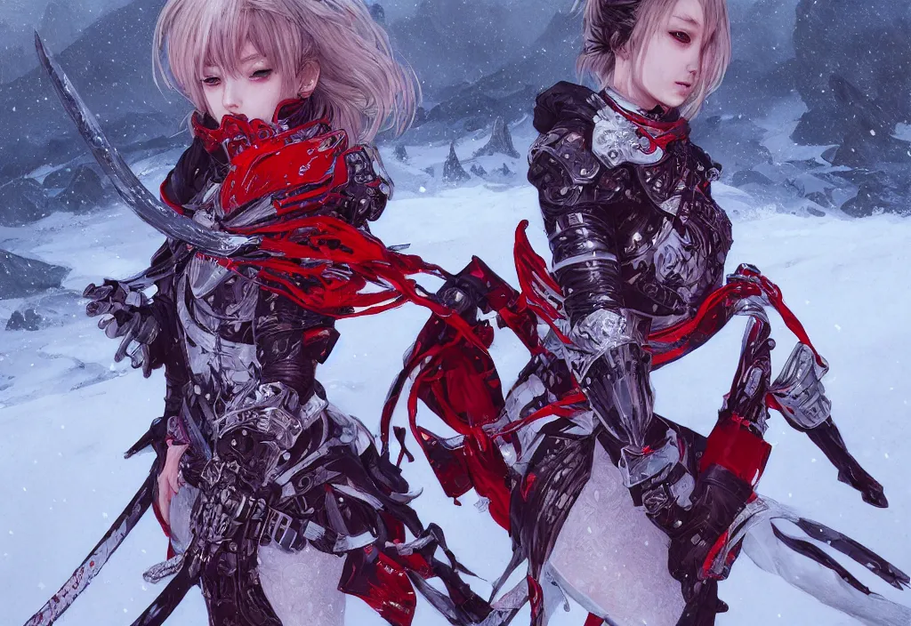 Image similar to portrait ninja gaiden girl, armored white and red reflective vests ninja wardrobe, at snowy fuji mountain fallen night, ssci - fi and fantasy, intricate and beautiful and detailed, digital painting, artstation, concept art, smooth and sharp focus, illustration, art by tian zi and wlop and alphonse mucha