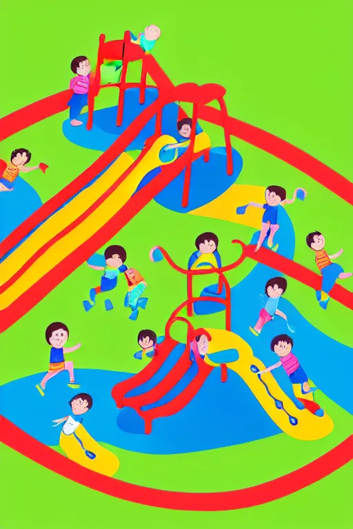 Prompt: highly detailed illustration of children playing in a playground in a sunny day