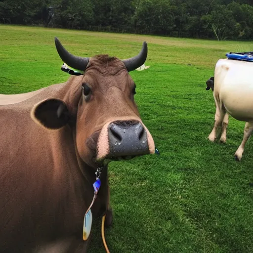 Image similar to selfie stick photo of a cow and it's hippopotamus best friend