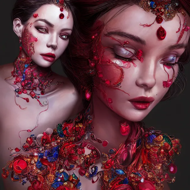 Image similar to studio portrait of absurdly beautiful, elegant, young colorful woman made of rubies and red gems, ultrafine hyperrealistic detailed face illustration by kim jung gi, irakli nadar, intricate linework, sharp focus, bright colors, matte, octopath traveler, final fantasy, unreal engine highly rendered, global illumination, radiant light, intricate environment