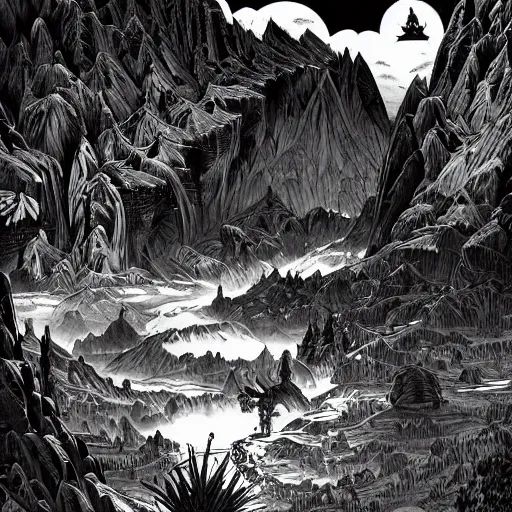 Image similar to impressive fantasy landscape, pure b & w, line art, ink illustration, engraving illustration, behance