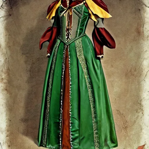 Image similar to western fantasy bard style costume design, green tone